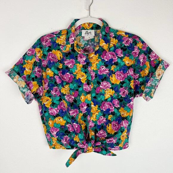 Vintage 90s Womens Byer California Floral Tie Knot Waist Crop Top Cotton Medium - Picture 3 of 10